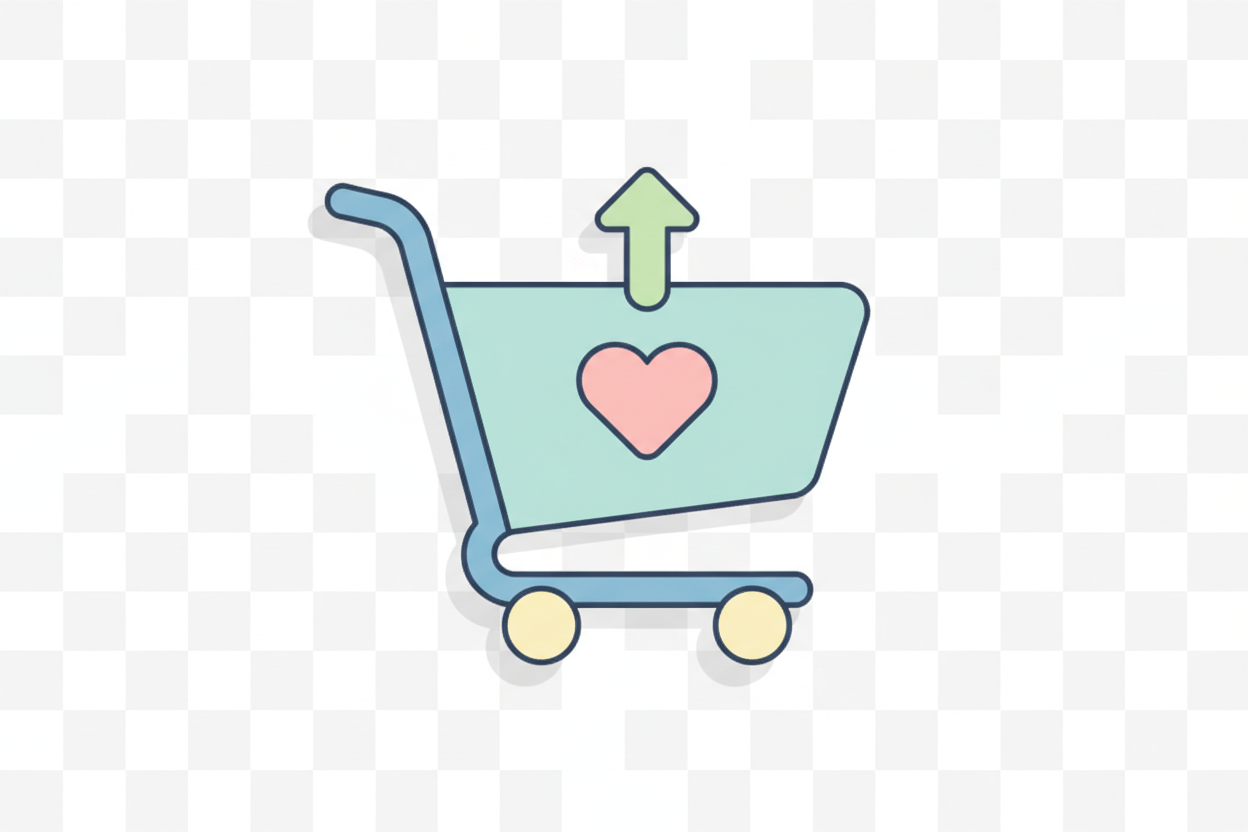 A clean, modern shopping cart icon, minimal line-art style, smooth rounded edges, soft shadows, flat vector look, pastel color theme, professional e-commerce icon, high detail, transparent background.