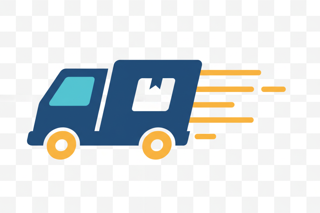 A fast delivery truck icon with motion lines, minimal and modern vector style, clean line-art, smooth rounded corners, professional e-commerce design, simple flat colors, transparent background.