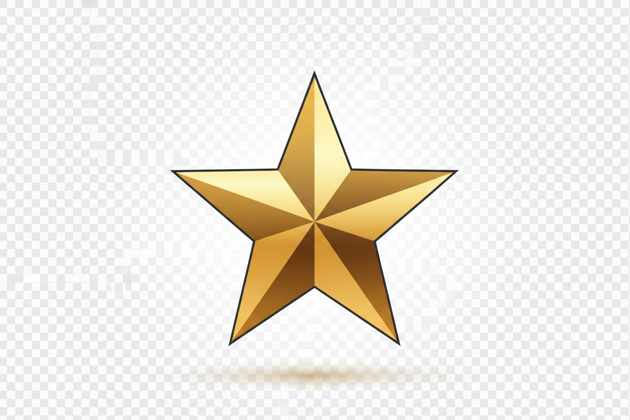 A luxury star badge icon representing premium quality, elegant line-art, sharp and clean edges, minimal modern style, soft glow, rich gold tones with subtle darker gradients for contrast, thin dark outline for visibility on white background, soft drop shadow, flat vector style, transparent background.