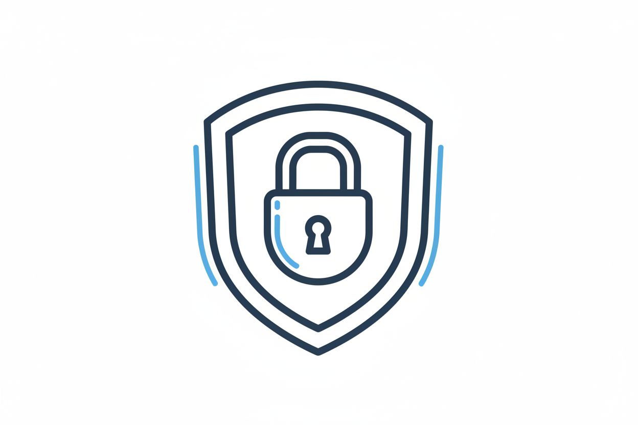 A secure lock and shield icon representing safe payment, minimalistic line-art style, modern and clean vector design, balanced proportions, subtle highlights, flat design, transparent background.
